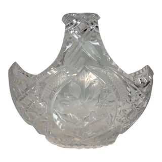 Large Vintage Hand Cut Clear Crystal Glass Flower Basket Centerpiece Bowl For Sale
