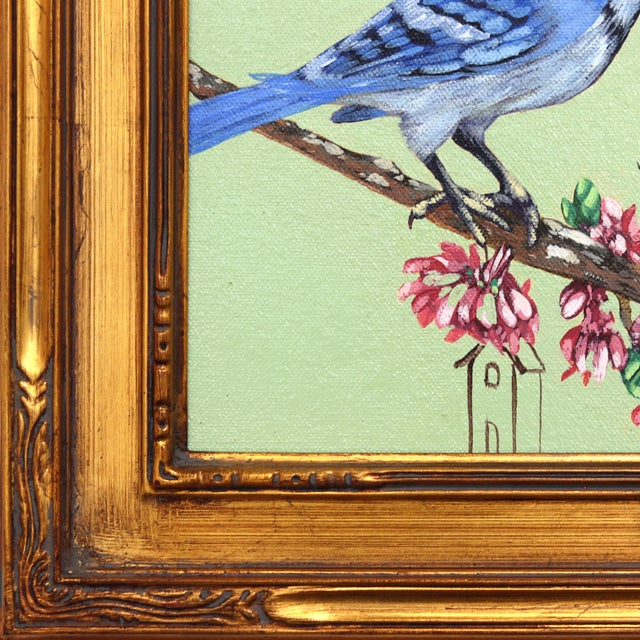 Textile Planning for the Future - Blue Jay Birds Still Life Framed Acrylic Painting by Carlos Gamez De Francisco For Sale - Image 7 of 9