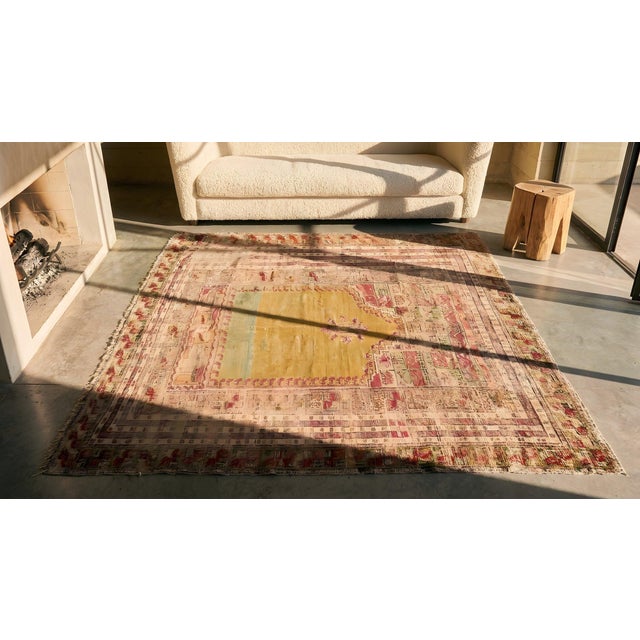 Textile 1820s Tan Camel Medallion Tribal Turkish Village Oushak -Ghoirdes 3' 10"x5' 8" Hand Knotted Wool Carpet For Sale - Image 7 of 9