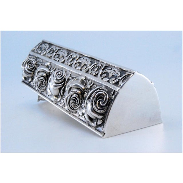 Triangular Silver Toothpick Holder with Roses on Base and Lid For Sale - Image 6 of 11
