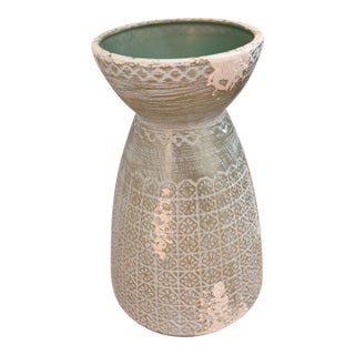 Large Robin’s Egg Blue/White and Brushed Gold Distressed Ceramic Vase | Textured Floor Vase For Sale