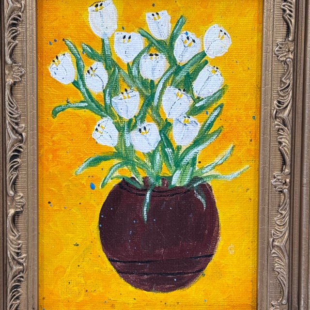Traditional Original Floral Still Life Painting White Tulips in Gold Ornate Frame - Signed “Cathy” For Sale - Image 3 of 10