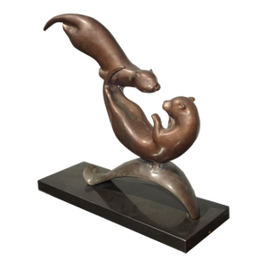 Vintage Bronze Balancing Swimming Otters Statue ~ Sculpture