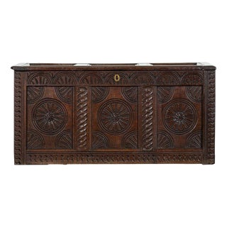 Early 18th Century English Oak Carved Coffer, 1720s For Sale