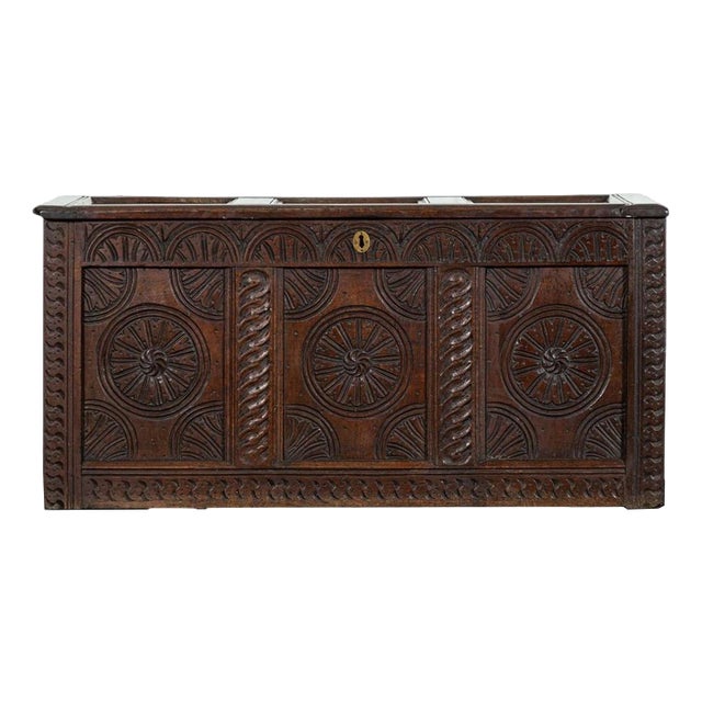 Early 18th Century English Oak Carved Coffer, 1720s For Sale