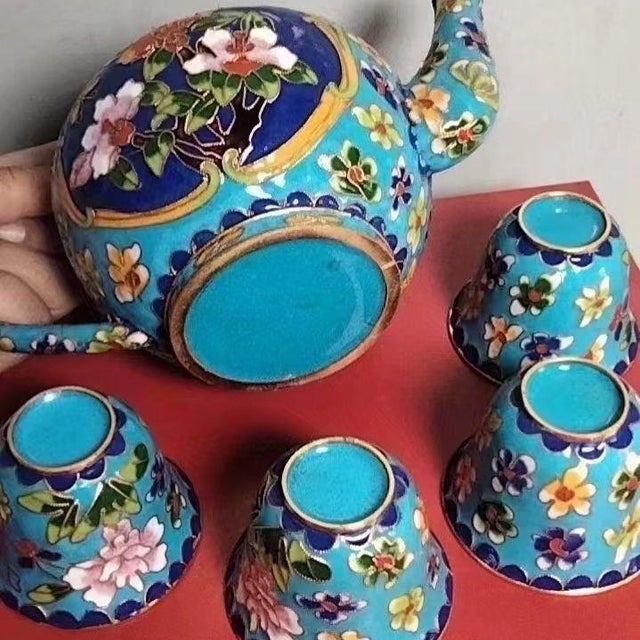 Turquoise Vintage Cloisonné Enamel Tea Set – Teapot & 4 Cups, Floral Motif, Turquoise Ground For Sale - Image 8 of 9