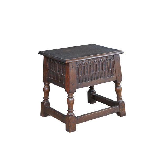 Gothic Antique English Jacobean Style Oak Carved Joint Stool Side End Table 18" For Sale - Image 3 of 11