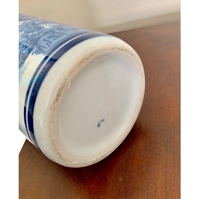 Vintage Blue and White Ceramic Tube Chinoiserie Vase For Sale - Image 4 of 5