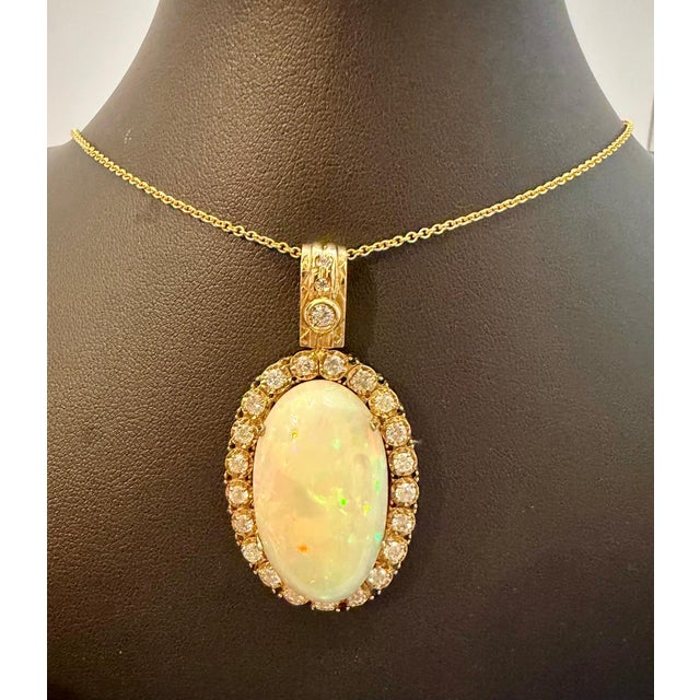 36 Ct Oval Ethiopian Opal & 2.5 Ct Diamond Pendant 14 Karat Yellow Gold Necklace For Sale - Image 4 of 18