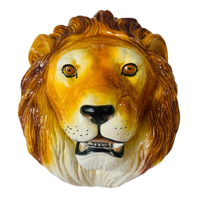 Large Italian Ceramic Lions Head Wall Plaque For Sale