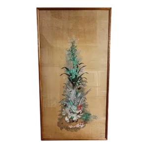 Vintage Large Hand-Painted Chinoiserie Flora Botanical With Birds on Silk