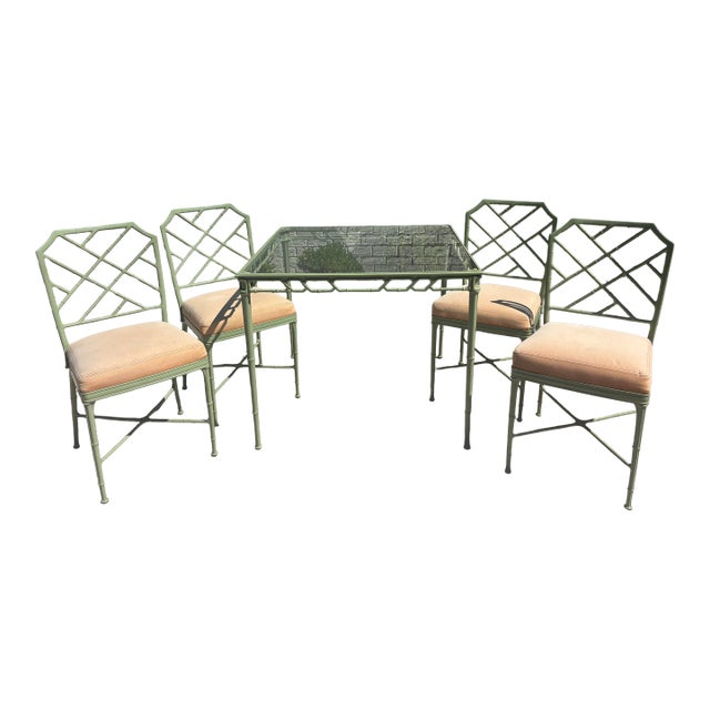 Vintage Powder Coated Brown Jordan Green Calcutta Chinoiserie Patio Dining Set For Sale