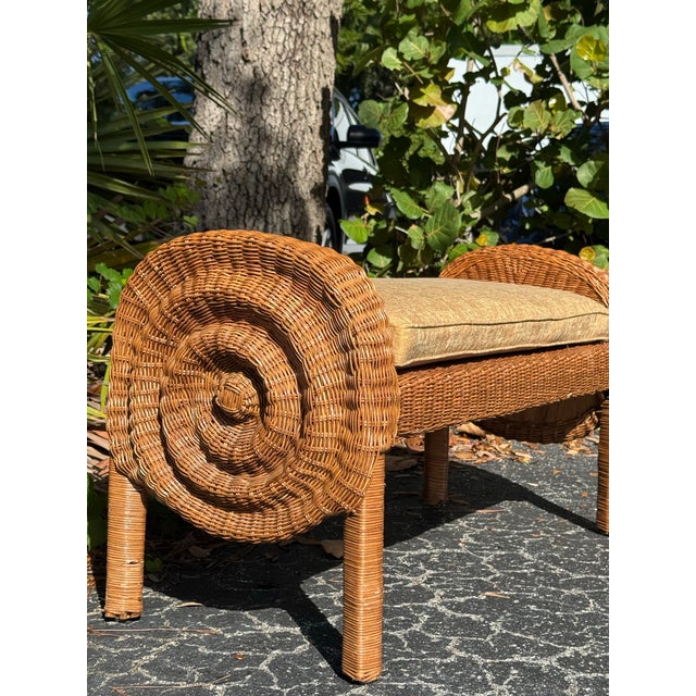 Beige Vintage Wicker Bench | Coastal Rattan Barrel-Back Settee With Cushion For Sale - Image 8 of 10