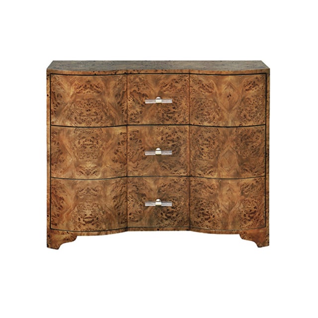 Brown Matthew Izzo Home Plymouth Dark Burlwood Three Drawer Chest With Acrylic and Brass Drawer Pulls For Sale - Image 8 of 8