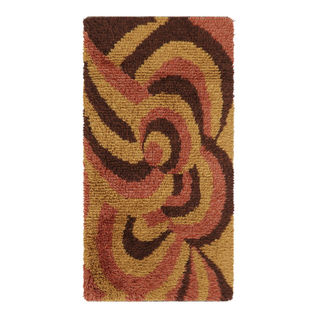 Vintage Swedish Rya Scandinavian Rug in Gold, Brown and Red Swirls