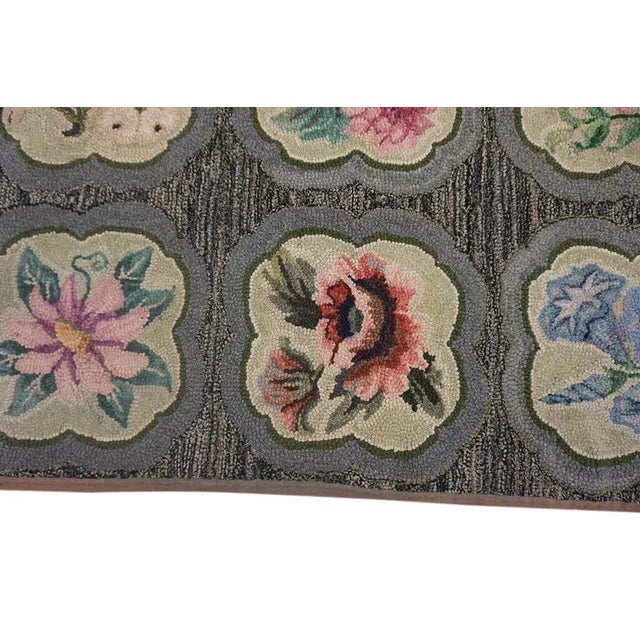 1930s Gray Roses Folk Art Antique American Hooked Rug 5'10" X 7'6" Woven Cotton Carpet For Sale - Image 9 of 12