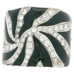 1980s Bold Swirl Diamond & Black Enamel Cocktail Ring in 18K White Gold