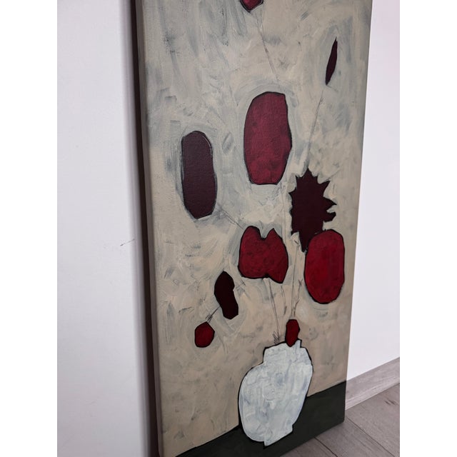 Abstract Floral Painting, Red Flowers in White Vase, Vertical Wall Art, Modern Minimalist Art, Original Painting For Sale - Image 4 of 4