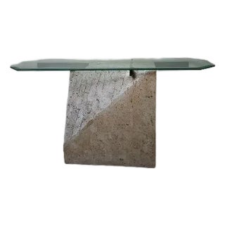 Vintage Mactan Tessellated Stone Brass Glass Console Sofa Table For Sale