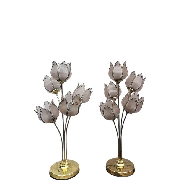 Metal Pair of Italian Mid Century Glass and Brass Lotus Flower Table Lamps For Sale - Image 7 of 12