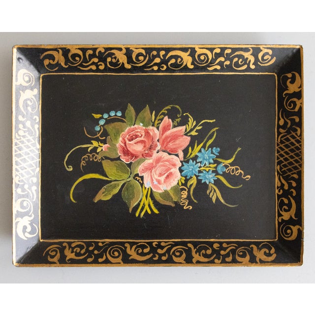Metal Vintage French Black Hand Painted Floral Gilt Tole Tray For Sale - Image 7 of 7