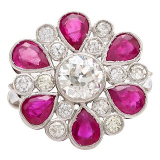 1960s French Gia 1.47 Carat Diamond Ruby Platinum Cocktail Ring For Sale