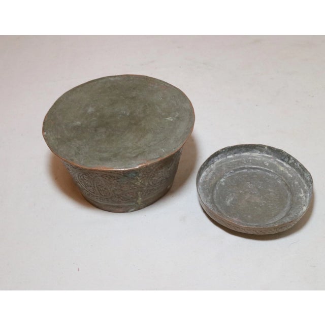 Copper Antique 1800's Hand Made Tooled Copper Middle Eastern Lidded Tobacco Jar Box Pot For Sale - Image 8 of 11