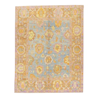 Early 21st Century Blue & Pink Handwoven Wool Turkish Oushak Rug 6'9" X 8'4" For Sale