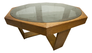 Hexagonal Table in Oak and Smoked Glass, Switzerland, 1977