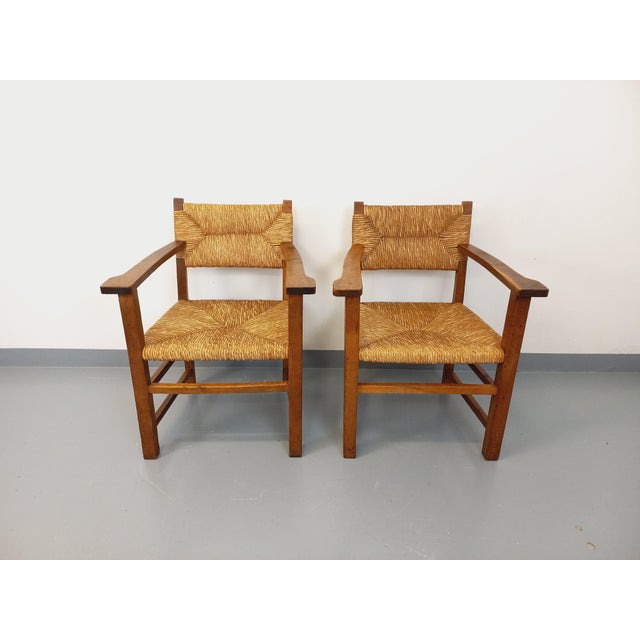 Brutalist Armchairs in Oak and Straw, 1960s, Set of 2 For Sale - Image 4 of 18