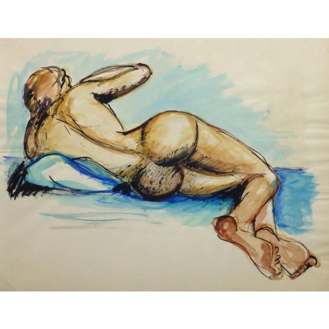 1950s Vintage French Gouache - Blue Nude II For Sale - Image 5 of 5
