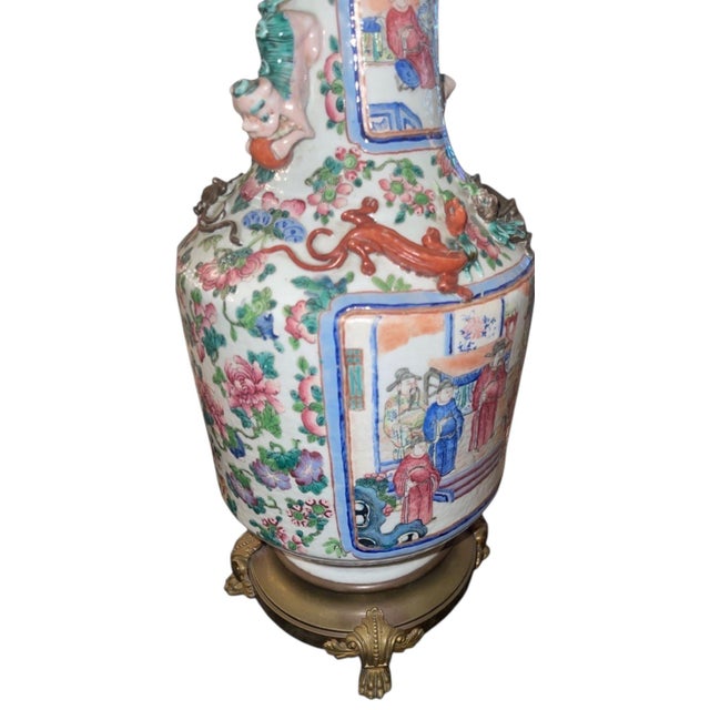 White 19th Century Chinese Famille Rose Porcelain & Bronze Table Lamp For Sale - Image 8 of 8
