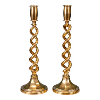 Pair of 19th Century English Brass Barley Twist Candlesticks For Sale