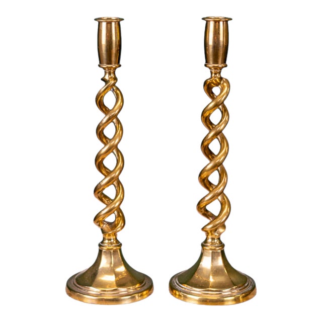 Pair of 19th Century English Brass Barley Twist Candlesticks For Sale
