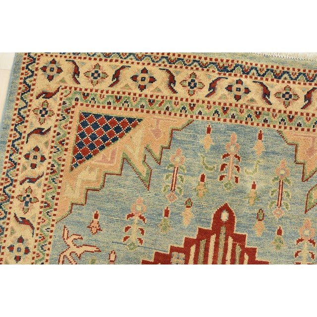 Kazak Rug 4′ X 5’11” Blue Wool Tribal Hand-Knotted Oriental Carpet For Sale In Philadelphia - Image 6 of 12