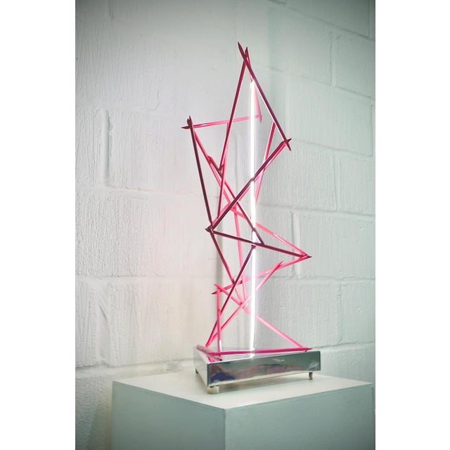 Mark Beattie, Pink Fracture, 2023 Powder coated copper & dimmable LED light on mirror polished stainless steel plinth 35 x...