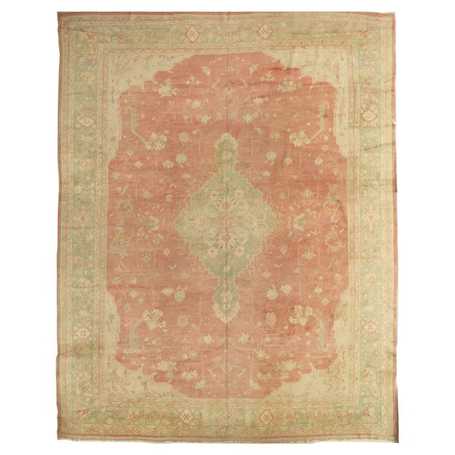 Antique Oushak Carpet, Oriental Rug, Handmade Ivory, Muted Coral, Soft Green For Sale - Image 13 of 13