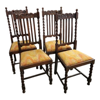 Antique English Dark Oak Barley Twist Dining Chairs - Set of 4 For Sale