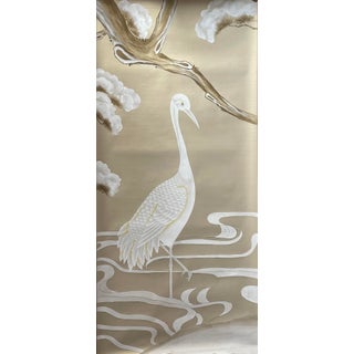 Hand‑Painted Oriental Crane Mural Panel, Neutral Tone Wall Art For Sale