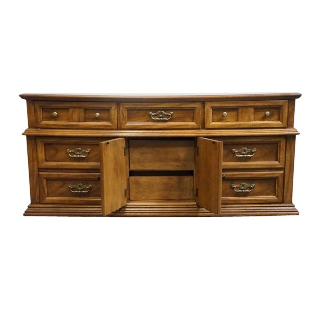 Late 20th Century Bassett Furniture Solid Oak Traditional American Colonial Revival 70" Triple Door Dresser 2085-247 For Sale - Image 5 of 15
