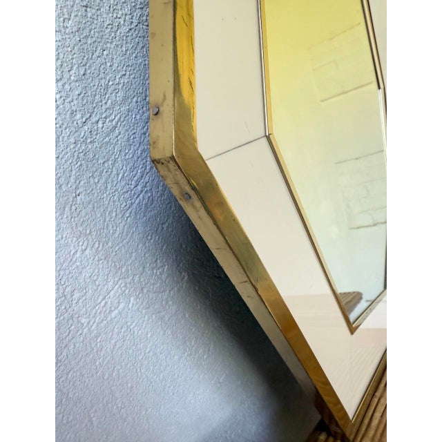 Octagonal Mirror in White Lacquer and Brass by Jean Claude Mahey, 1970s For Sale - Image 12 of 18