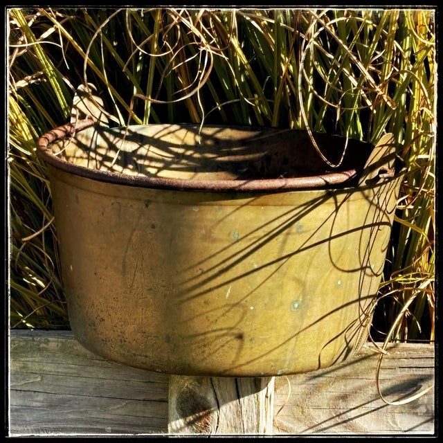 Metal Large Brass Bucket Antique 19th Century Spun Fireside Kettle With Forged Iron Handle For Sale - Image 7 of 11
