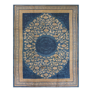 Gorgeous Royal Blue Background With Camel Border in a Medallion Pattern Antique Chinese Peking Rug
