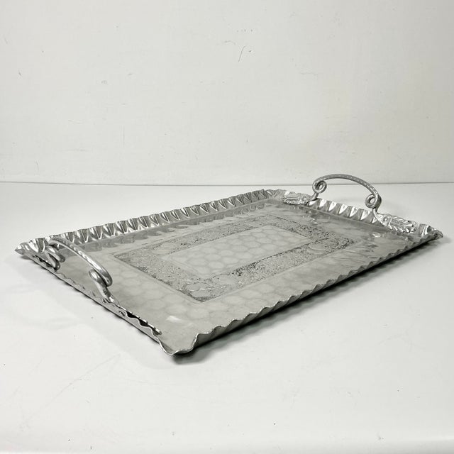 1950s Vintage Boho Chic Arts & Crafts Hand Wrought Etched Aluminum Serving Tray For Sale - Image 12 of 13