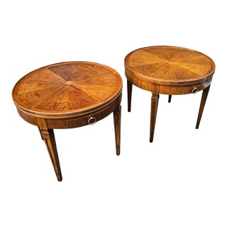 Pair of Mid 20th Century Baker Furniture Walnut Round Sunburst Gallery Top Drawer Side Tables For Sale
