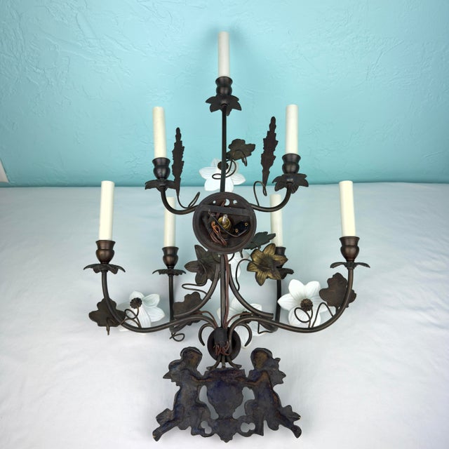Vintage 7 Light Wrought Iron Wall Sconce With Milk Glass Flowers & Cherub Motif Matching Sconce Available Separately For Sale - Image 10 of 12