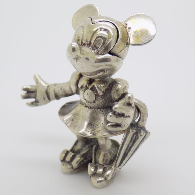 Metal Vintage Italian Handmade Genuine Silver Minnie With Umbrella Character Figurine Sculpture, Made in Arezzo (Ar, Tuscany) For Sale - Image 7 of 10