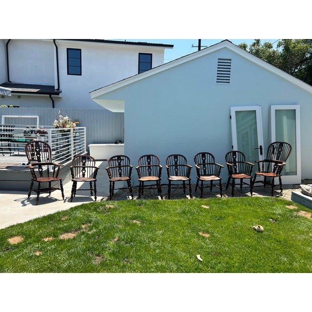 Complete Set of English Windsor Chairs made of Original Early Oak with Heart Splat Backs. Set of 8–6 Side Chairs, 2 Broad...