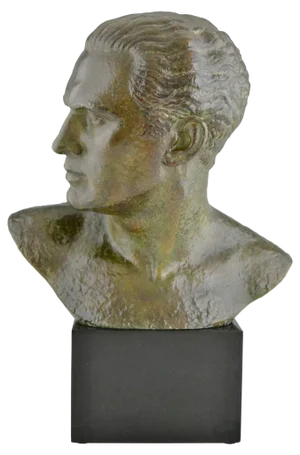 Art Deco Male Bust Sculpture of Aviator Jean Mermoz in Bronze & Marble by Lucien Gibert, 1925