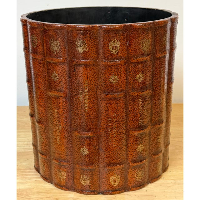 Italian Neoclassical Gilt Leather Book Motif Wastepaper Basket, 20th Century For Sale - Image 10 of 18
